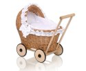 Wiklinowy wózek dla lalek pchacz z białą pościelką i miękką wyściółką- naturalny