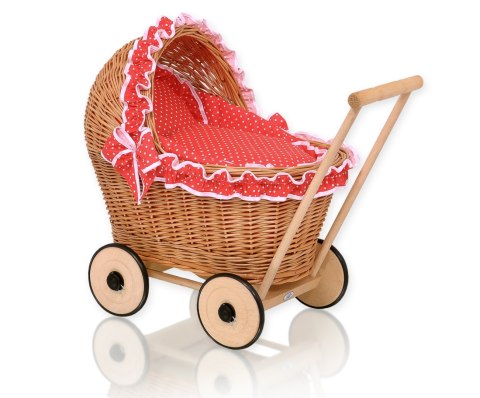 Wiklinowy wózek dla lalek pchacz z czerwoną pościelką i miękką wyściółką- naturalny