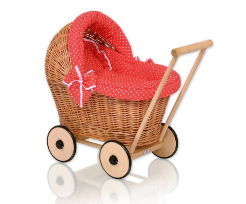 Wiklinowy wózek dla lalek pchacz z czerwoną pościelką i miękką wyściółką- naturalny