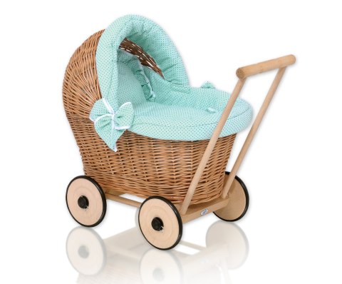 Wiklinowy wózek dla lalek pchacz z miętową pościelką i miękką wyściółką- naturalny
