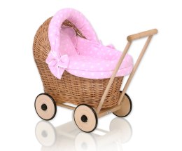 Wiklinowy wózek dla lalek pchacz z różową pościelką i miękką wyściółką- naturalny