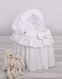Wózek dla lalek - Kosz Mojżesza dla lalek z budką - biały z haftowaną koronką