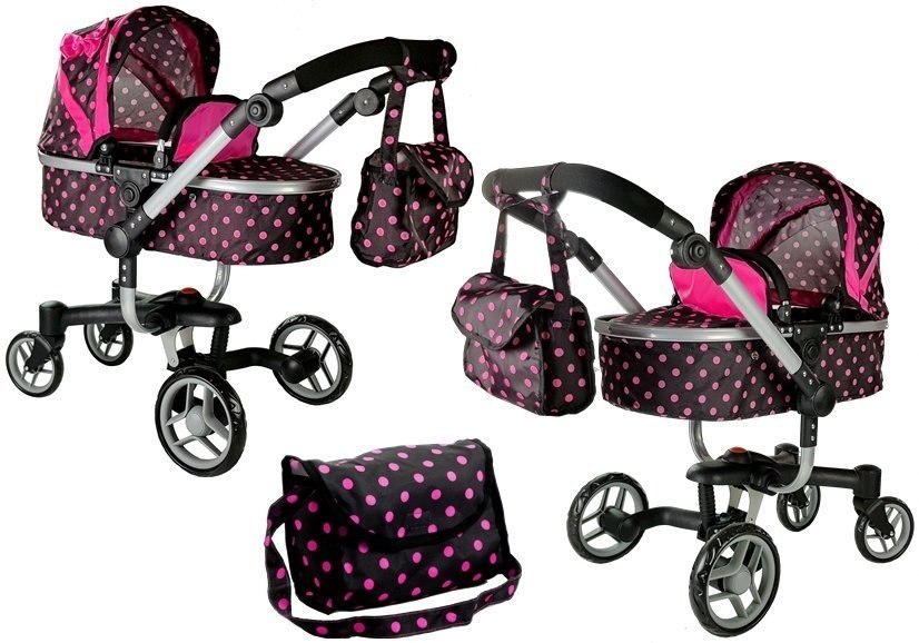Wózek dla lalek Alice czarny w różowe groszki Import LEANToys