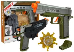 Zestaw Policyjny Pistolet 20cm Odznaka Gwizdek Kabura Efekty Świetlne Dźwięk Import LEANToys