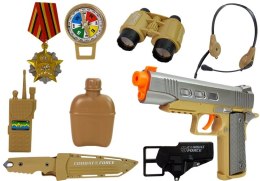 Zestaw Wojskowy z Akcesoriami Pistolet Nóż Lornetka Słuchawki Gwizdek Krótkofalówka Jasnozielony Import LEANToys