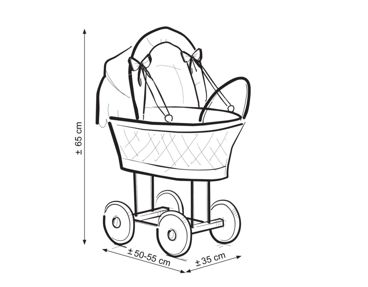 Wiklinowy wózek dla lalek wysoki z fioletową pościelką i wyściółką- naturalny