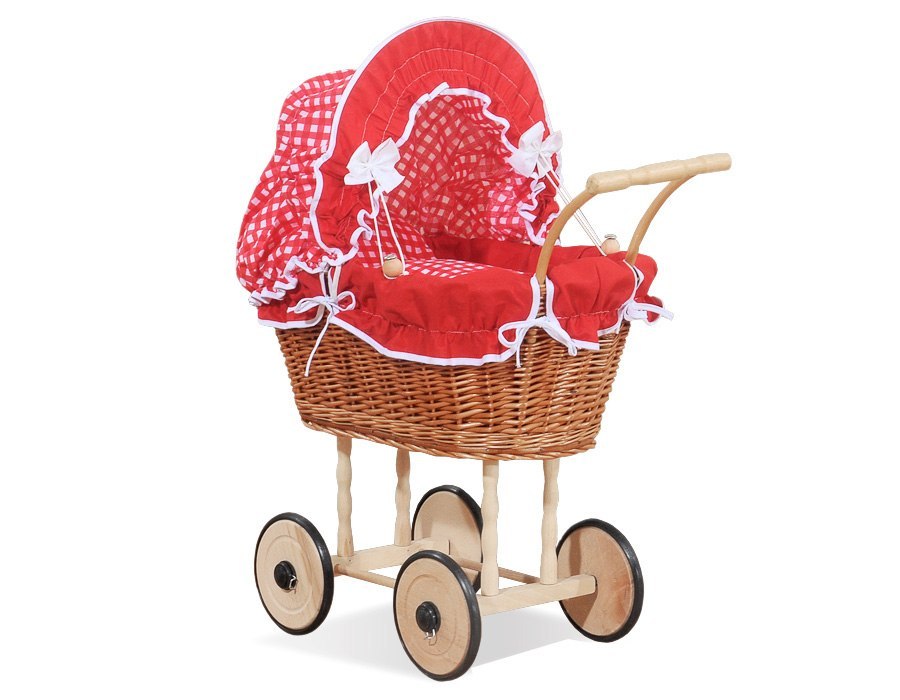Wiklinowy wózek dla lalek wysoki z czerwoną pościelką i wyściółką- naturalny