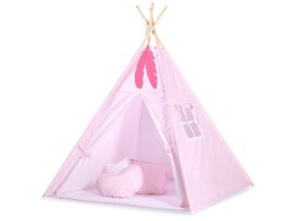 Namiot TIPI dla dzieci + mata + poduszki + zawieszki pióra - Białe grochy na różu