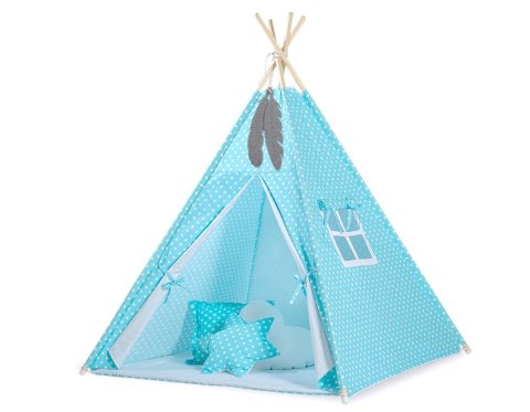 Namiot TIPI dla dzieci + mata + poduszki + zawieszki pióra - Białe grochy na turkusie