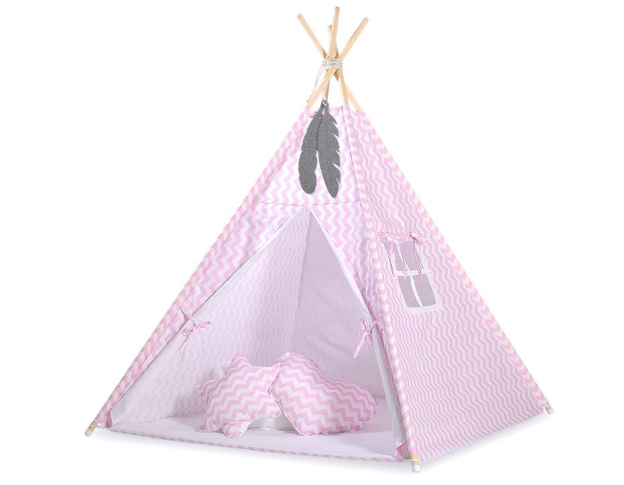 Namiot TIPI dla dzieci + mata + poduszki + zawieszki pióra - Chevron różowy