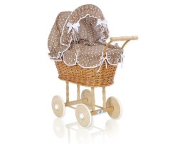 Wiklinowy wózek dla lalek wysoki z brązową pościelką i wyściółką- naturalny