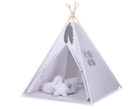 Namiot TIPI dla dzieci + mata + poduszki + zawieszki pióra - Mini-rozeta szara