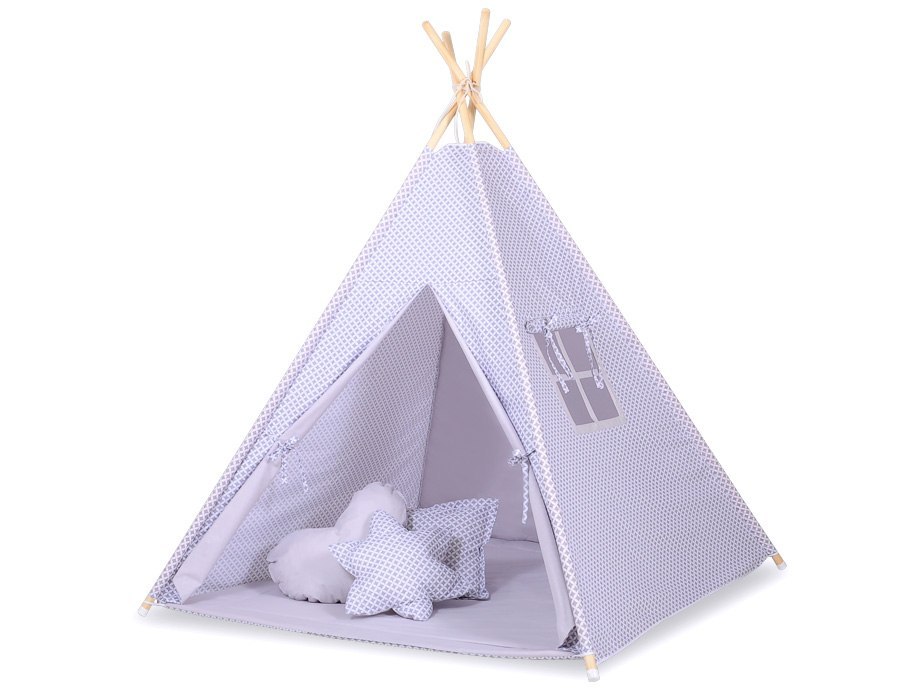 Namiot TIPI dla dzieci +mata + zawieszki pióra - mini-rozeta szara
