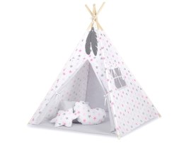 Namiot TIPI dla dzieci +mata + zawieszki pióra - Gwiazdy szaro-różowe/szary