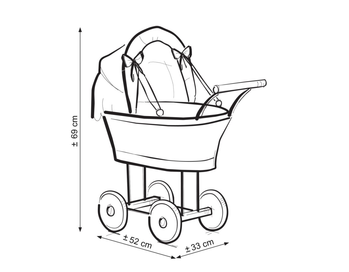 Wiklinowy wózek dla lalek wysoki z białą pościelką haftowaną i wyściółką- naturalny