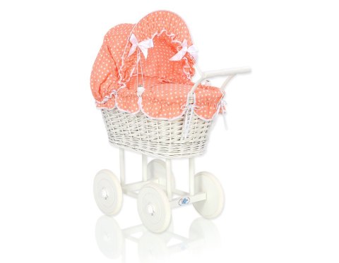 Wiklinowy wózek dla lalek wysoki z brzoskwiniową pościelką i wyściółką- biały