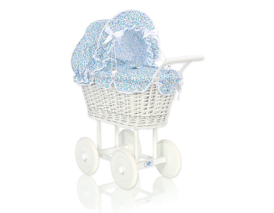 Wiklinowy wózek dla lalek wysoki z niebieską pościelką i wyściółką- biały