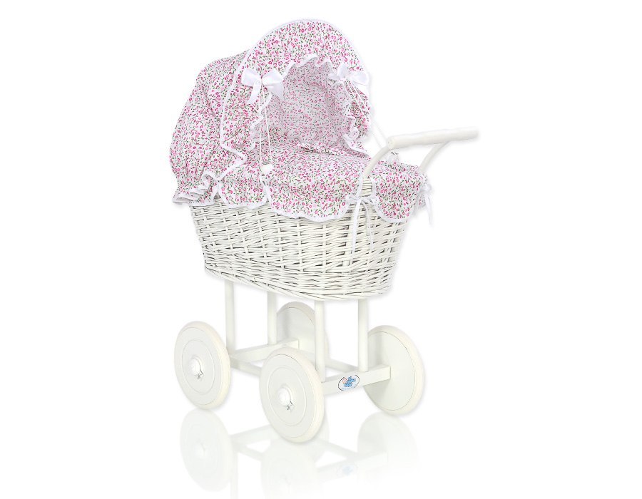 Wiklinowy wózek dla lalek wysoki z różową pościelką i wyściółką- biały