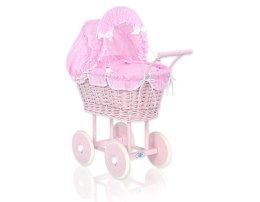 Wiklinowy wózek dla lalek wysoki z różową pościelką i wyściółką- różowy