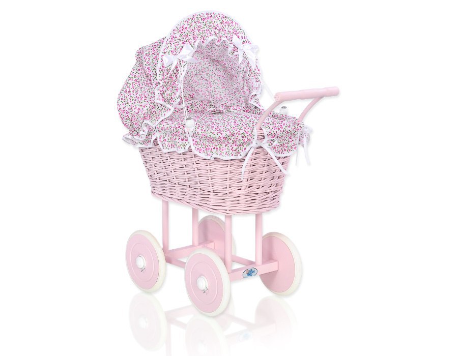 Wiklinowy wózek dla lalek wysoki z różową pościelką i wyściółką- różowy