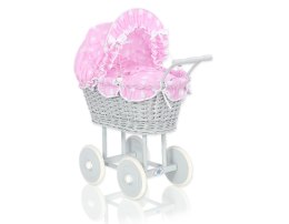 Wiklinowy wózek dla lalek wysoki z różową pościelką i wyściółką- szary