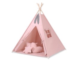 Namiot TIPI dla dzieci + mata + poduszki + zawieszki pióra - brudny róż