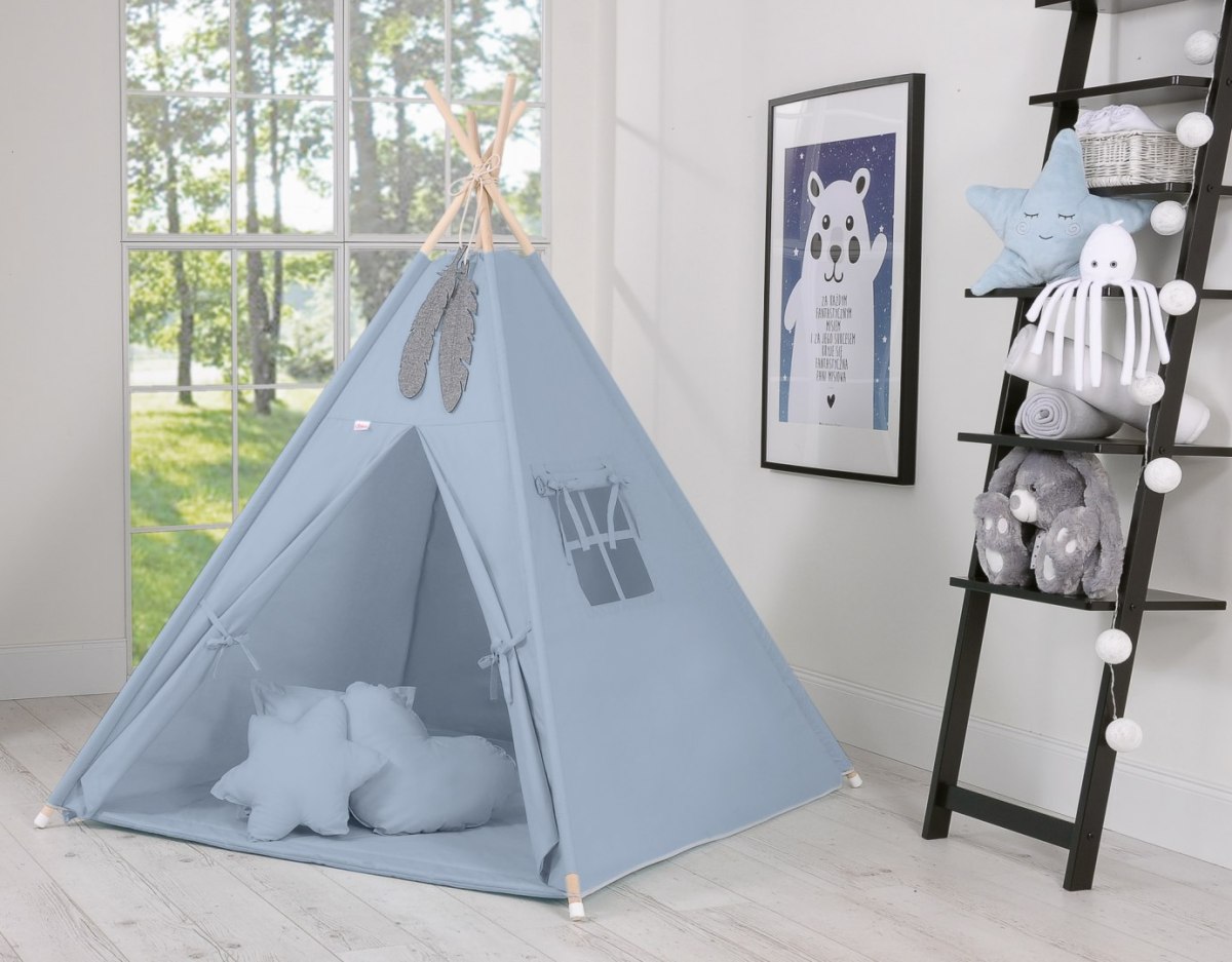 Namiot TIPI dla dzieci +mata + zawieszki pióra - brudny niebieski